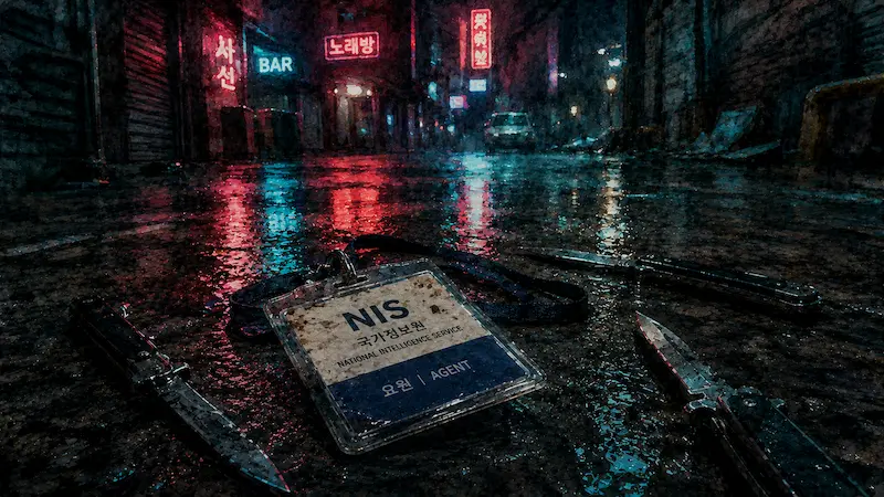 Fifties Professionals episode 1 twist ending revealing Bong Je-sun's hidden identity as the legendary North Korean operative Bul-gae through a dropped office name tag in a rain-wet alley