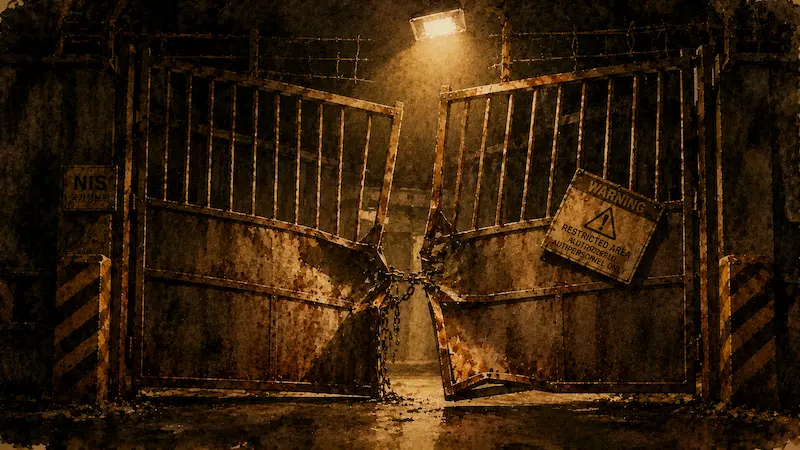 Fifties Professionals episode 2 scene showing Kang Beom-ryong's brute return through a broken iron gate as the Hwasan-pa second-in-command reawakens after years as a convenience store owner