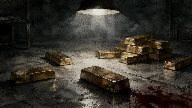 Gold Land episode 9 and 10 finale recap showing scattered gold bars on concrete floor representing the cost of Kim Hee-joo's obsession in Disney+ thriller