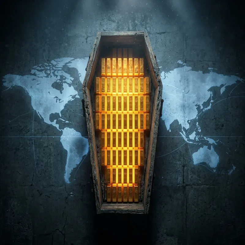 Gold bars inside a coffin with a world map projection representing Gold Land global Disney Plus chart performance