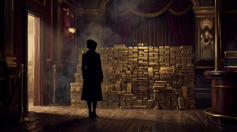 Silhouette of Hee-ju before stacks of gold bars representing her moral descent