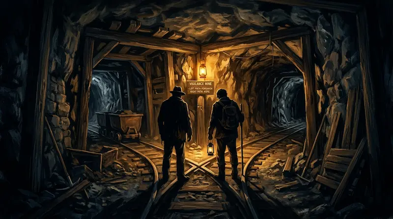 Two silhouettes at a crossroads representing Hee-ju and Woo-gi's survival choice