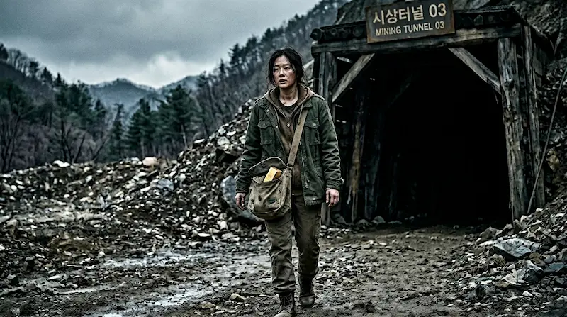Hui-ju walks out of an abandoned mine after burying gold bars in Gold Land episode 3