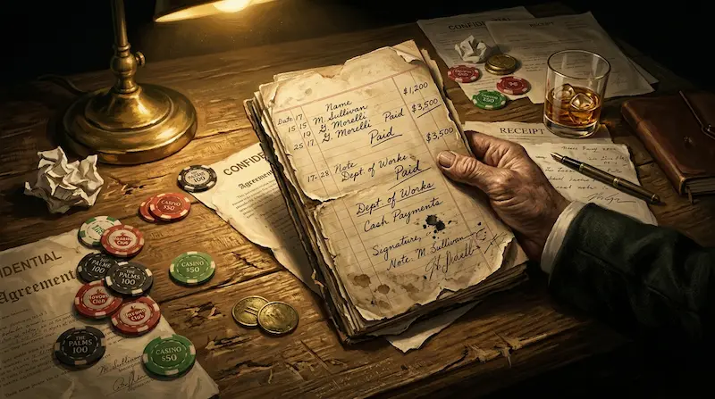 Hand examining a ledger and casino chips representing Jin-man discovering the truth