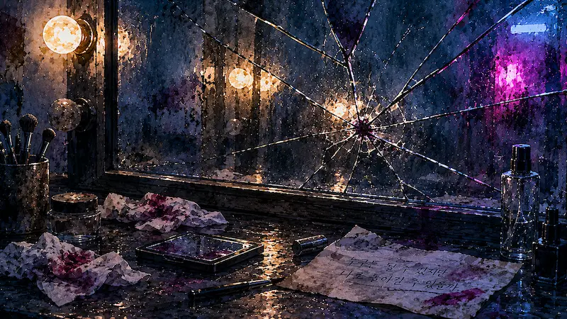 Park Bo-young Dark Heroine Transformation Gold Land Park Bo-young's dark heroine transformation in Gold Land finale represented by a cracked mirror with fractured reflections in Disney+ original thriller