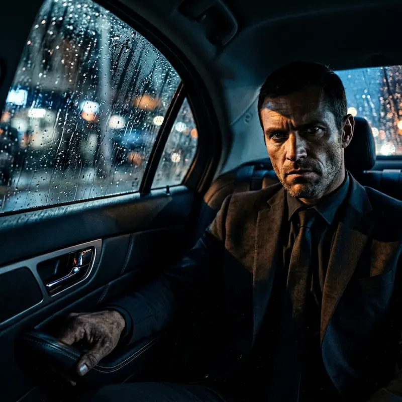 A menacing man in a dark car at night representing Gold Land villain Park Ho-cheol played by Lee Kwang-soo