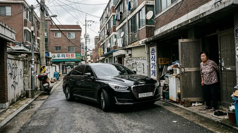 Woo-gi's luxury black sedan parked in a modest neighborhood foreshadows his reckless spending in Gold Land episode 2