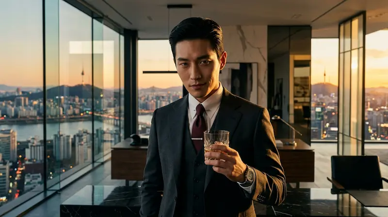 Cha Se-gye, played by Heo Nam-jun, stands in his Seoul penthouse office as the ruthless chaebol introduced in My Royal Nemesis Episode 1.