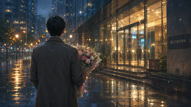Man with flowers pursuing his love interest representing Cha Se-gye's direct confession