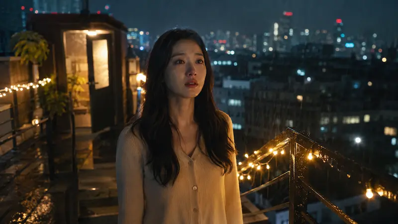 My Royal Nemesis Episode 7 rooftop staircase glowing with fairy lights as Shin Seo-ri realizes Cha Se-gye's love