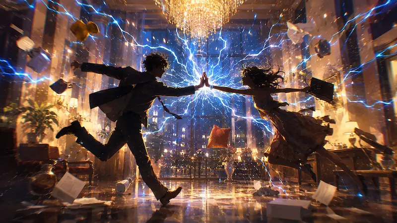 Two silhouettes with electric sparks representing the comedic shock ending of episode 5