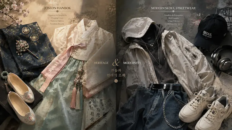 My Royal Nemesis fashion contrasting Joseon hanbok with modern Seoul streetwear