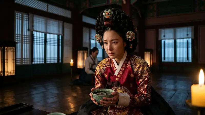 Kang Dan-sim, played by Lim Ji-yeon, holds the poison bowl during her execution scene under a solar eclipse in My Royal Nemesis Episode 1.