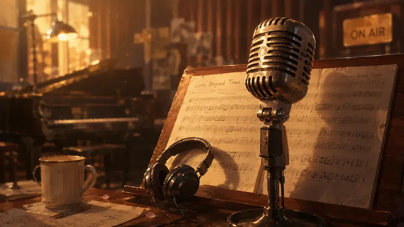 My Royal Nemesis OST soundtrack featuring vintage microphone and sheet music