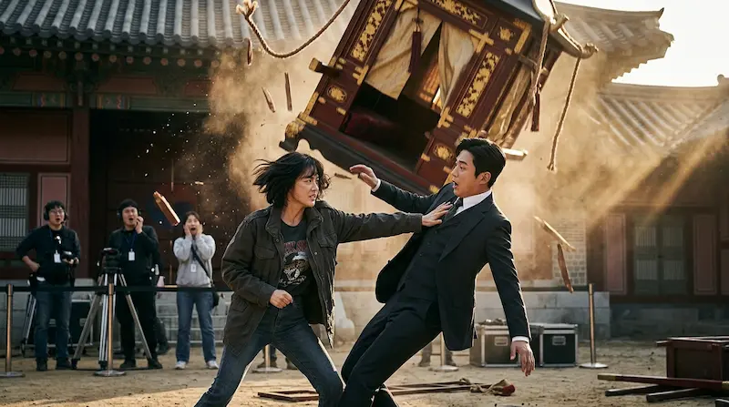 Shin Seo-ri instinctively pushes Cha Se-gye out of the way of a falling palanquin prop in the Episode 1 cliffhanger of My Royal Nemesis.