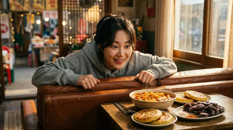 Kang Dan-sim adapts to modern Seoul through a comedic stakeout and mukbang sequence in My Royal Nemesis episode 2.