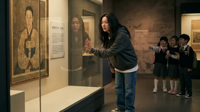 Shin Seo-ri, played by Lim Ji-yeon, stands shocked in front of a museum display labeling her past life as Korea's most notorious villainess in My Royal Nemesis Episode 1.