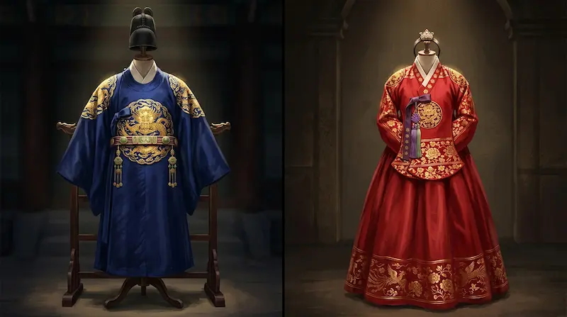 Side-by-side comparison of gonryongpo and hanbok showing symbolic colors and patterns