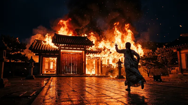 The royal council hall engulfed in flames as Seong Hui-ju runs toward the building where King Yi An is trapped in Perfect Crown Episode 10.