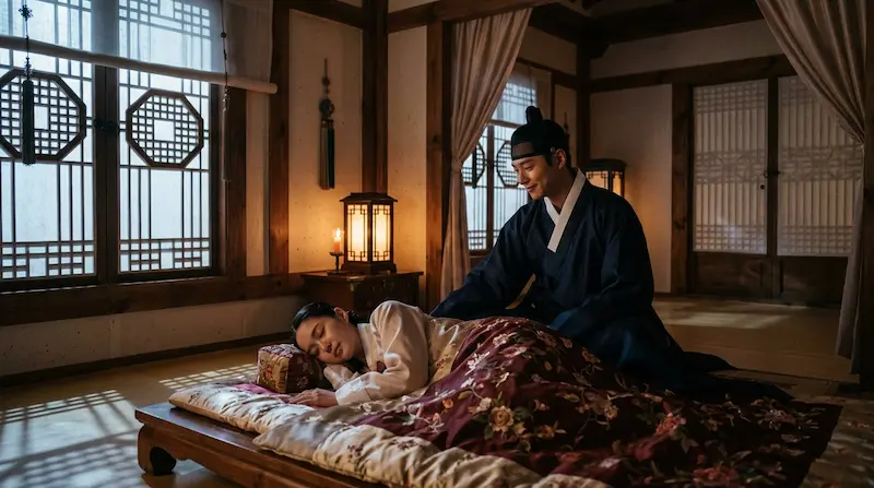  Perfect Crown episode 8 OST moment — a man watching over a sleeping woman in a palace bedroom