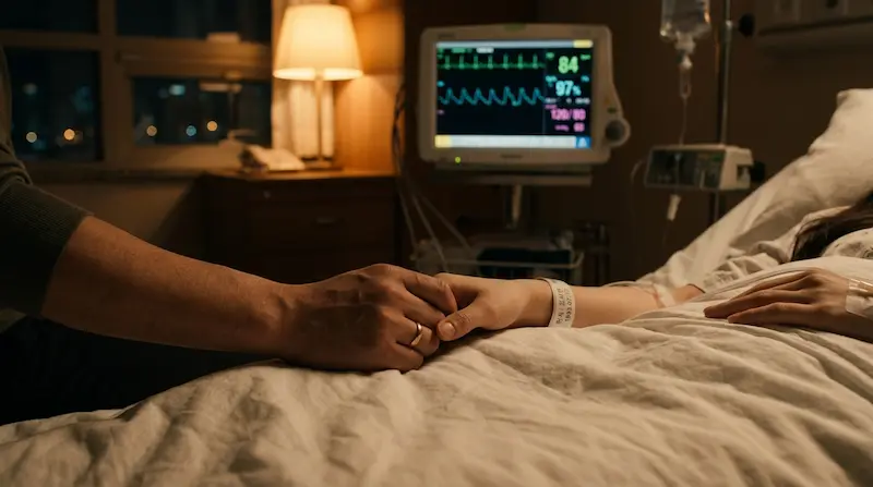 Perfect Crown episode 8 OST guide — a warm hospital scene with intertwined hands and a glowing ECG monitor