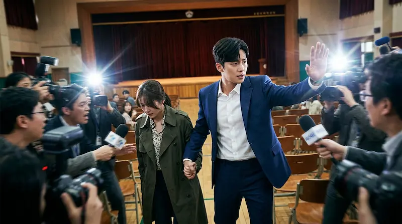 A man shielding a woman from media cameras, capturing the intensity of You Keep Me Here