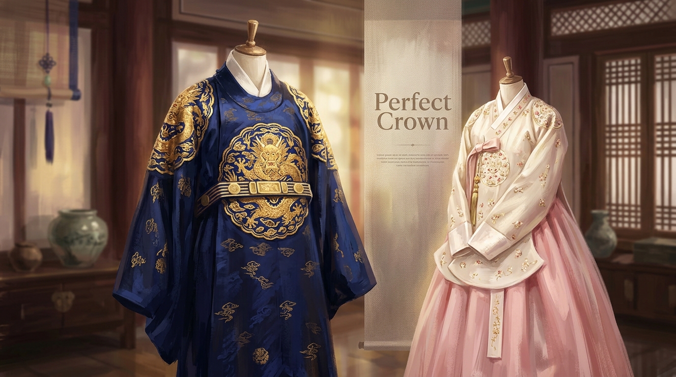 Perfect Crown fashion analysis featuring Byeon Woo-seok's gonryongpo and IU's hanbok