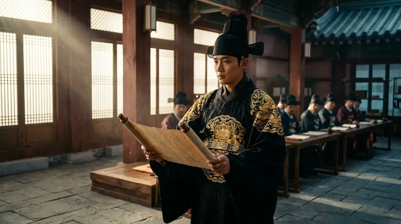 Grand Prince Yi An, played by Byeon Woo-seok, presents the late king's royal decree before the cabinet to claim the throne in Perfect Crown Episode 10.