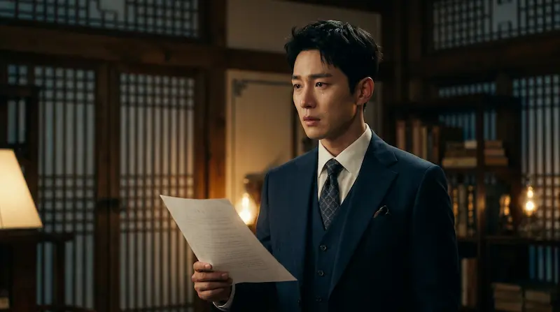 Grand Prince Yi An, played by Byeon Woo-seok, holds the marriage contract revealing the hidden sixth clause that proves his sincere love in Perfect Crown Episode 9.