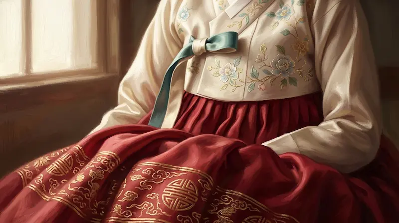 Close-up of IU's hanbok showing jeogori, chima, and traditional accessories