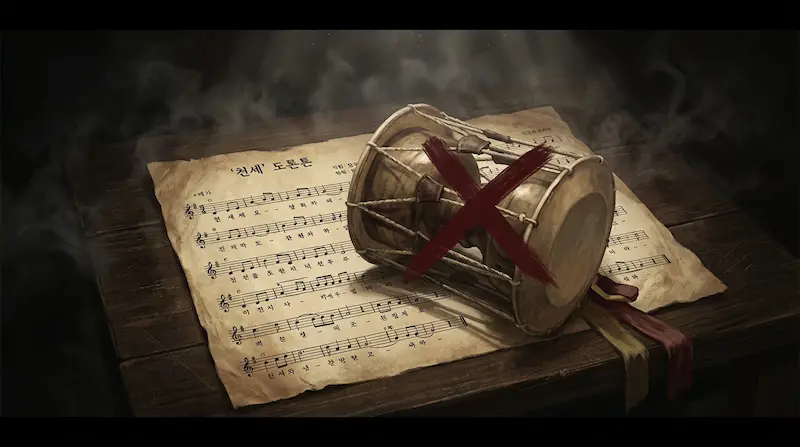 Perfect Crown OST Cheonse Controversy Historical music score with traditional Korean instruments (janggu) crossed out
