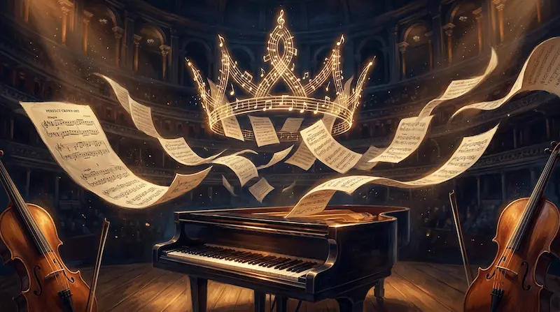Perfect Crown OST Score Sheets Orchestral score sheets with musical notes forming crown shape