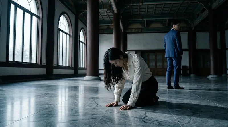  Seong Hui-ju kneels on the palace floor in apology to Grand Prince Yi An after the contract marriage exposure in Perfect Crown Episode 9.
