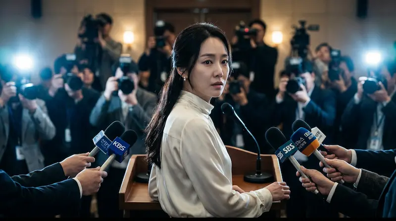 Seong Hui-ju, played by IU, faces a wall of camera flashes at a press conference revealing her contract marriage to Grand Prince Yi An in Perfect Crown Episode 9.