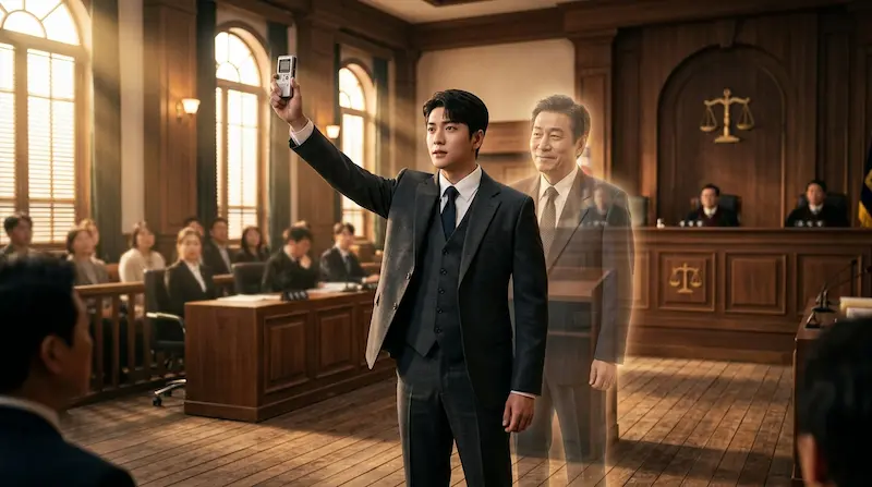 Phantom Lawyer episode 16 finale recap — Yi-rang holds up the recording in court while his father's spirit stands behind him