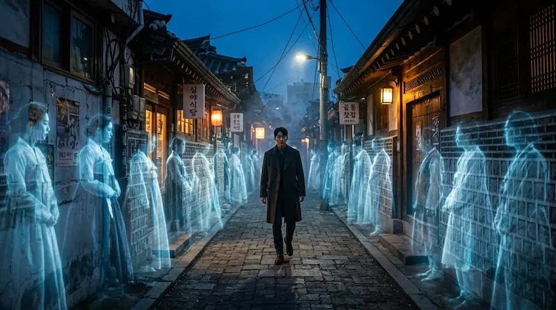 Phantom Lawyer OST guide — a lone man walks through a Seoul alley lined with translucent ghostly figures at blue hour