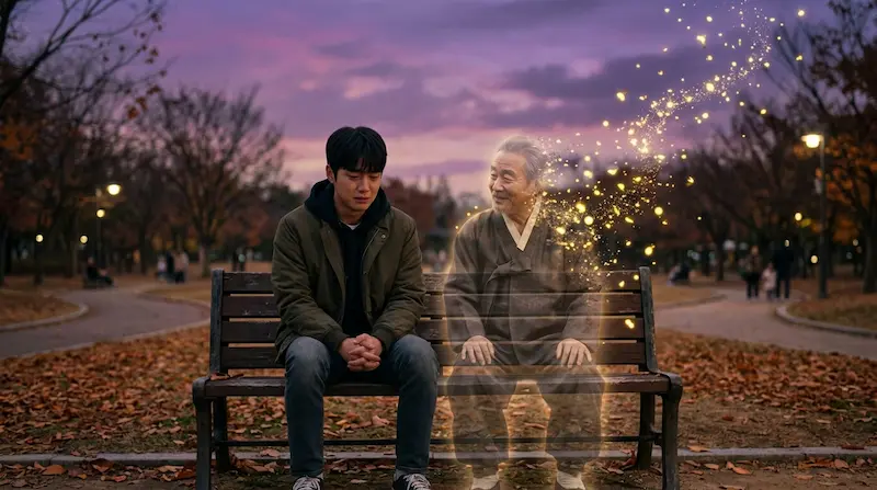 Phantom Lawyer OST — a son and his ghostly father sharing a final moment on a park bench at dusk