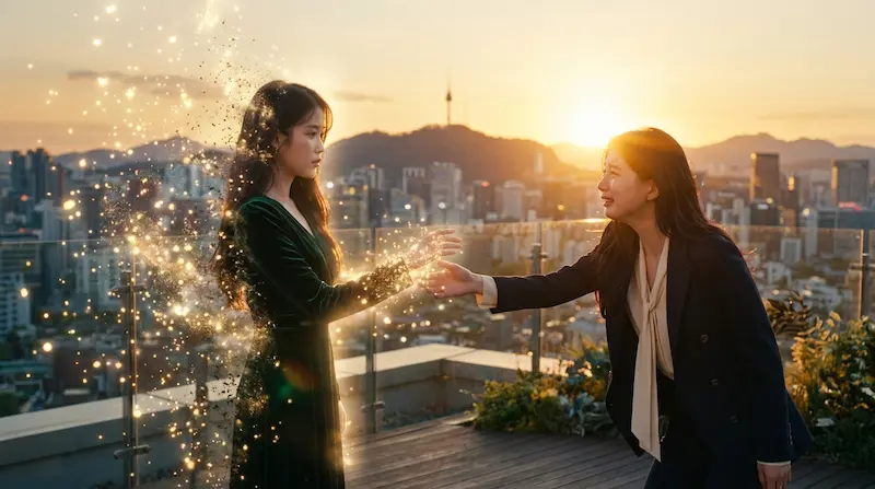 Phantom Lawyer OST — a woman reaching toward a fading figure on a sunlit rooftop