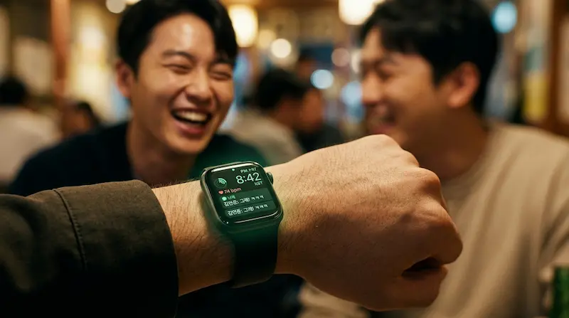 Hwang Dong-man's emotion watch glows green for the first time, signaling Park Gyeong-se's genuine acceptance in We Are All Trying Here Episode 7.