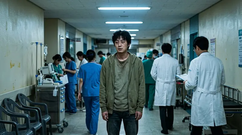 Dong-man stands alone in the emergency room after being asked to leave for being too honest