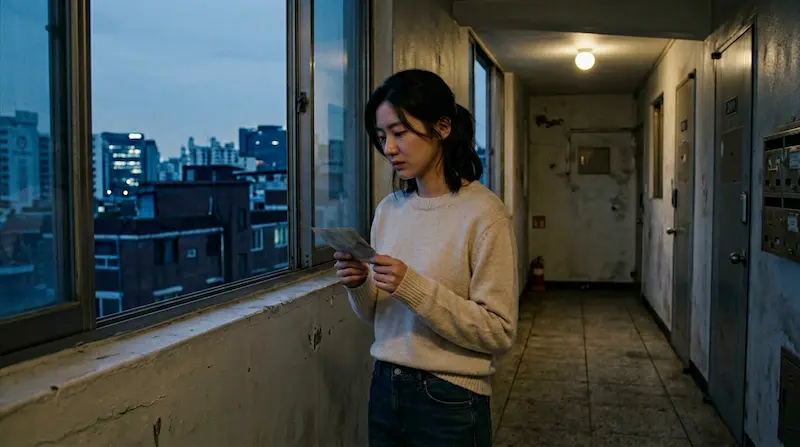 Eun-a holds an old family photograph as her mother's storm approaches