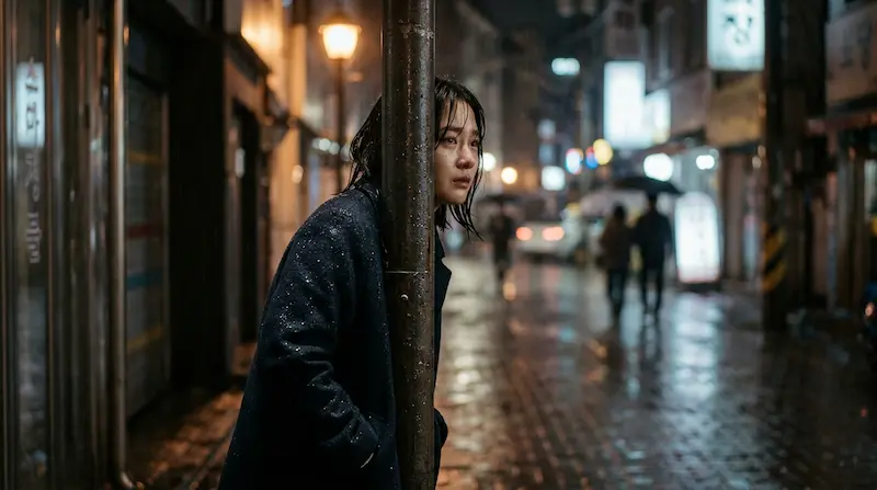  Byeon Eun-a watching Dong-man defend her from behind a streetlight in We Are All Trying Here episode 8