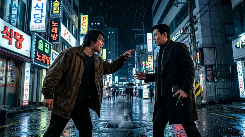 Hwang Dong-man confronting Ma Jae-young in We Are All Trying Here episode 8 rainy street scene