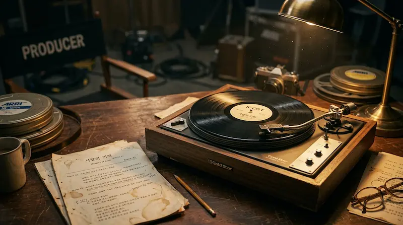 We Are All Trying Here OST guide — vinyl record player in a warm film studio setting