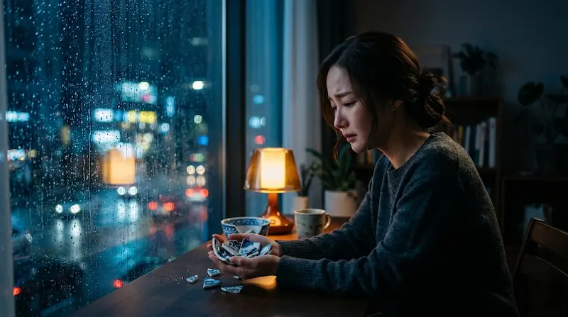 We Are All Trying Here OST — a woman holding broken pieces by a rainy window, reflecting the song Pieces