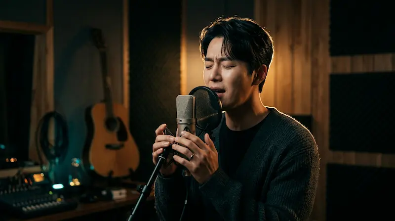 A singer recording an emotional ballad in a studio for the drama OST
