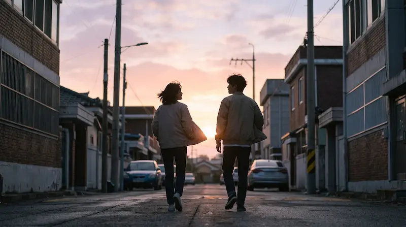 Two silhouettes walking together at dawn on an empty street