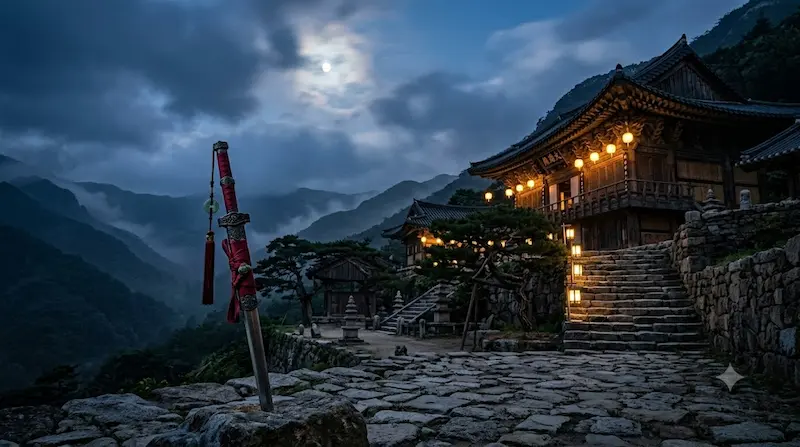 Alchemy of Souls complete guide featured image showing Songrim temple courtyard with ceremonial sword and moonlight