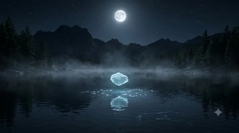 Ice stone floating above the lake symbolizing Jang Uk's transformation in Alchemy of Souls Season 1 finale