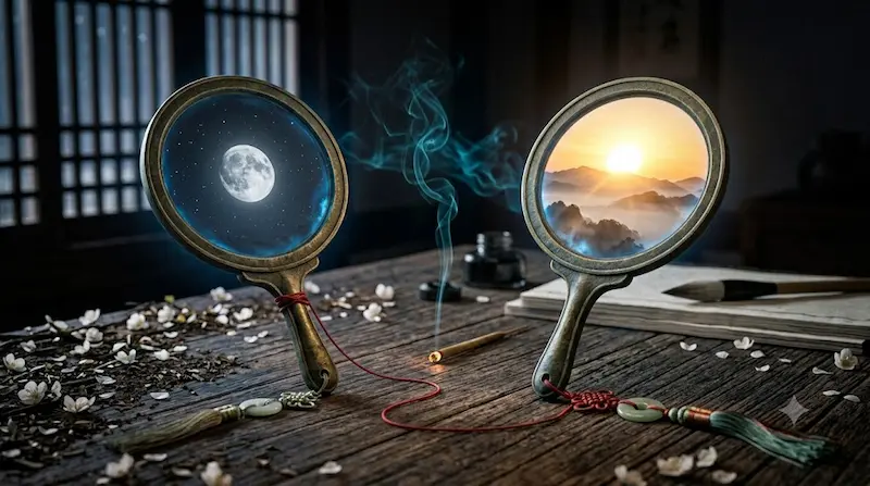 Two bronze mirrors connected by red thread symbolizing soul and identity theme in Alchemy of Souls ending